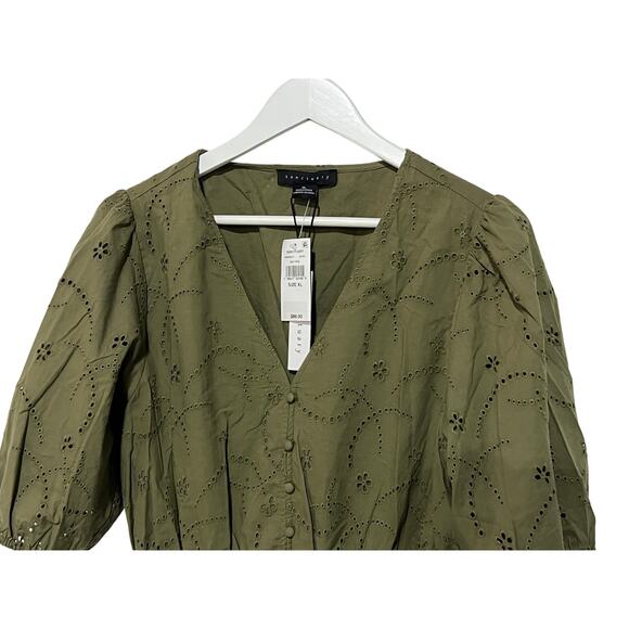 SANCTUARY TOP WOMENS SIZE XLARGE COTTON EYELET BUTTON FRONT BLOUSE GREEN NEW - Picture 6 of 14